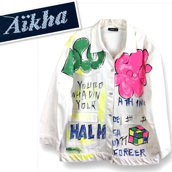 Aikha Handmade Graffiti Hand Painted Denim Jeans Jacket in White Size M/L - Picture 2 of 16